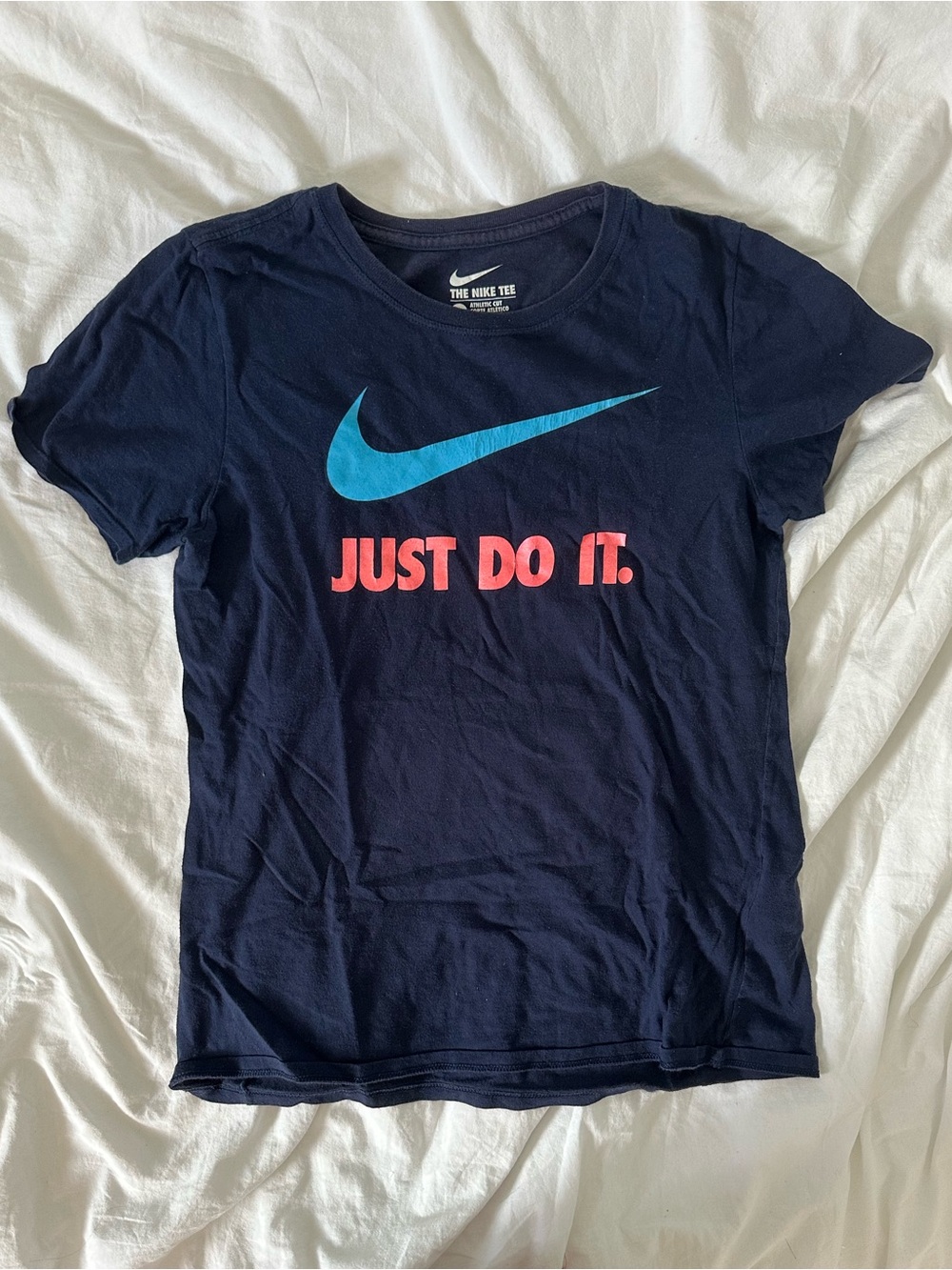 Nike Navy Tee with Turquoise Swoosh and Coral Pink Text